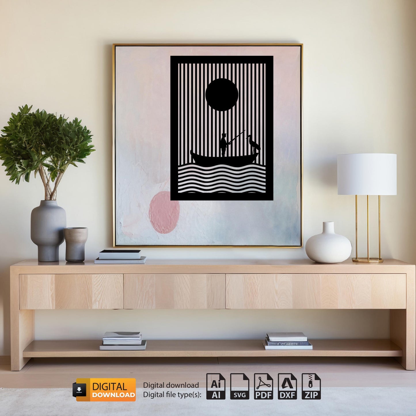 Fisherman and Sunrise Wall Art Design - DXF & SVG Files for Metal and Wood Cutting - Vector Digital Download