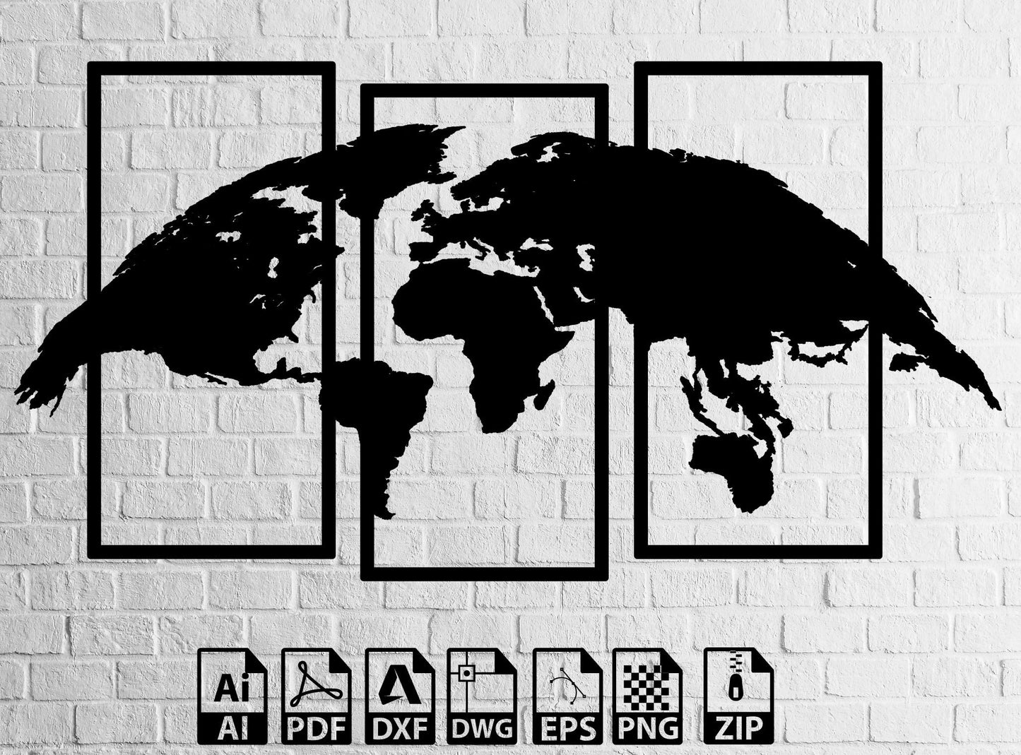 World Map Wall Art Svg Decor Laser Cut Dxf Glowforge Svg Ci CNC Router Cutting Vinyl Cut Sticker Metal Cut Digital Files