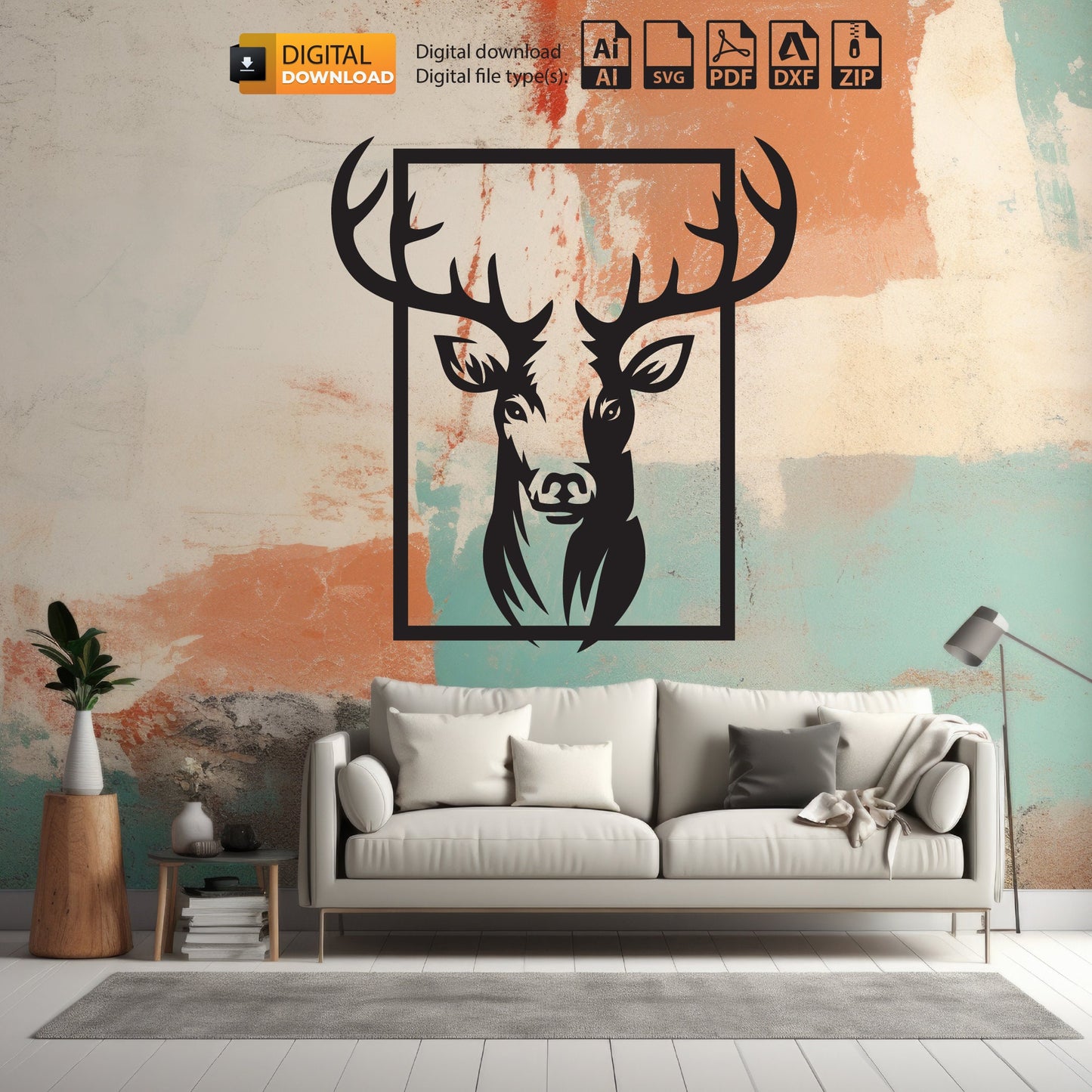 Deer Wall Decor SVG | Deer DXF Laser Cut File | Square Patterned Deer Decor | Laser DXF Cut