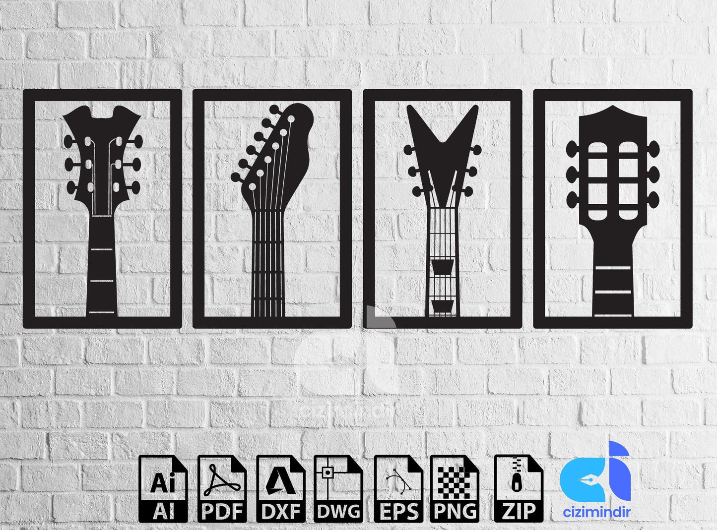 Guitar Set of 4 | Laser Cut Dxf Svg Files | Wall Sticker |Engraving Decal |Silhouette Template |CNC Cutting | Router Digital Vector Download