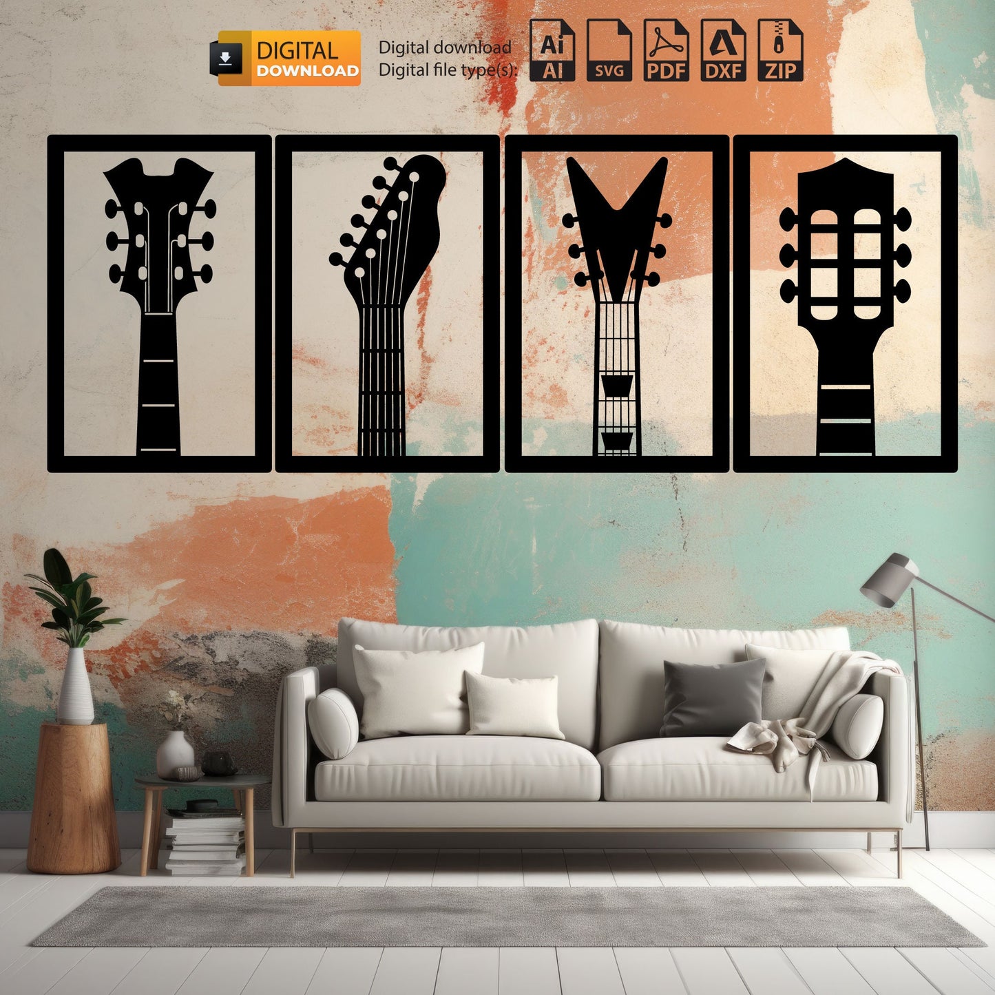Guitar Set of 4 | Laser Cut Dxf Svg Files | Wall Sticker |Engraving Decal |Silhouette Template |CNC Cutting | Router Digital Vector Download