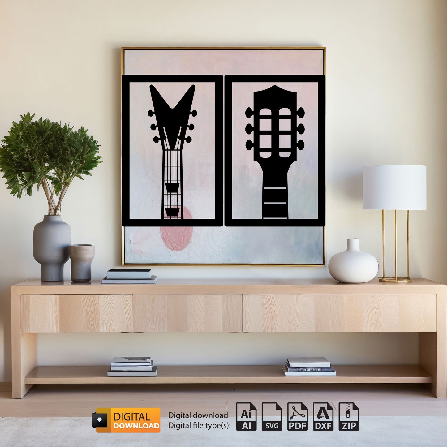 Guitar Set of 4 | Laser Cut Dxf Svg Files | Wall Sticker |Engraving Decal |Silhouette Template |CNC Cutting | Router Digital Vector Download