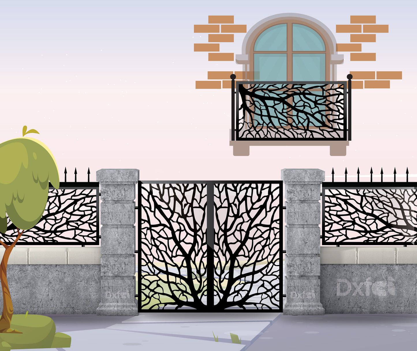 Door Panel Garden tree room divider leaf garden gate Fence Wrought Iron Drawing Door Panel Dxf Svg #2559