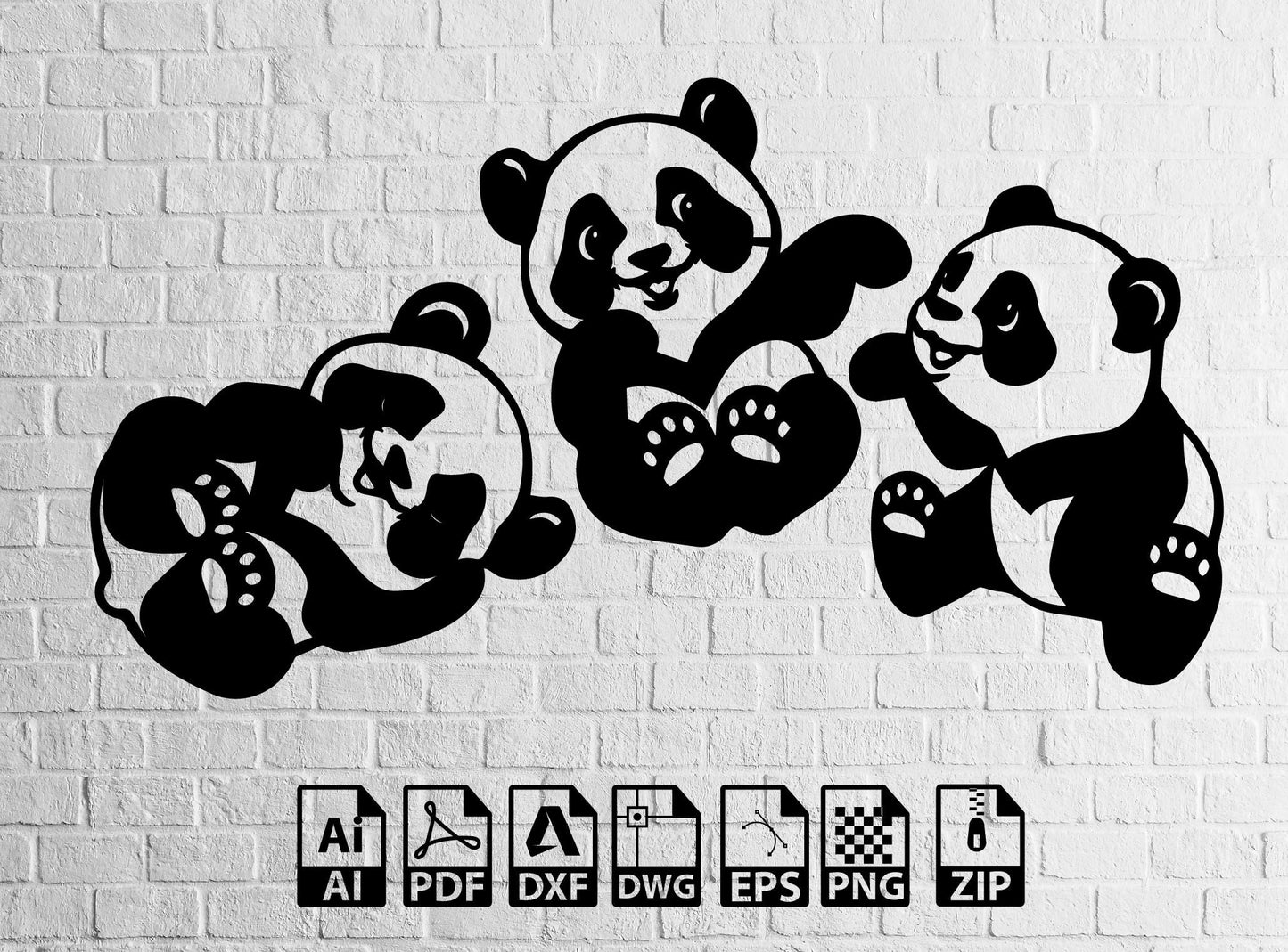 3 Pandas Panda Svg Panda Dxf File, Panda bear Svg, Panda Decor, Animal dxf
