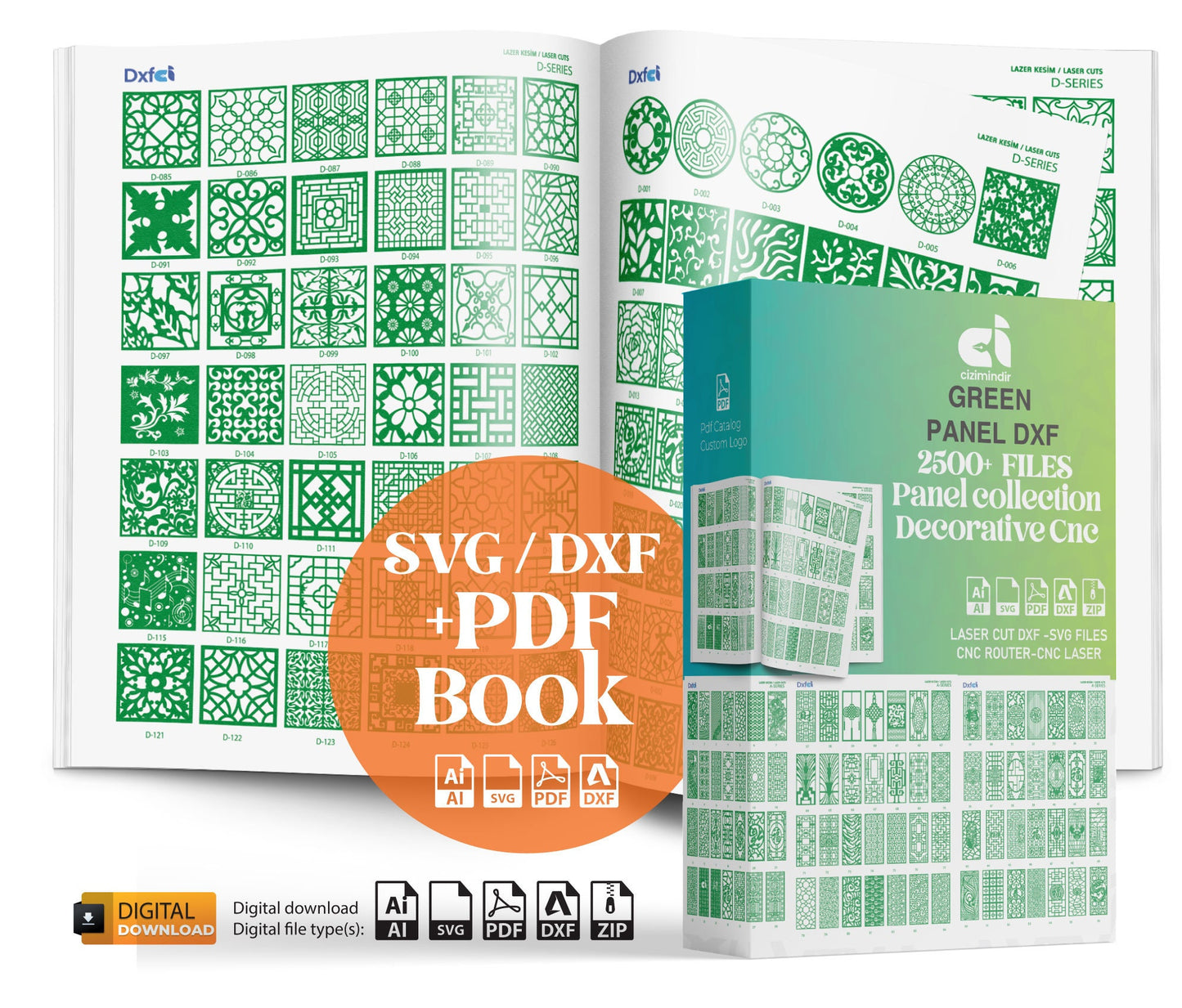2500+ DXF Panel Files for Plasma Laser CNC -Green Pdf Catalog Ready-to-Cut Designs Dxf - Svg plasma cutting Metalic & Wood CNC machine!