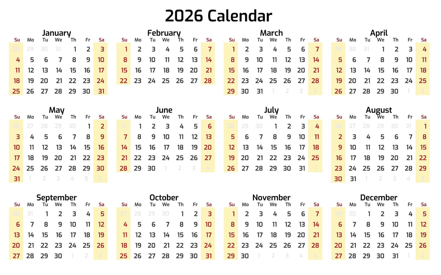 2026 Calendar Svg Pdf Book 2026 Calendar JPG, Calendar 2026, Transparent Background Clip Art, Printable Calendar, Sublimation Image,