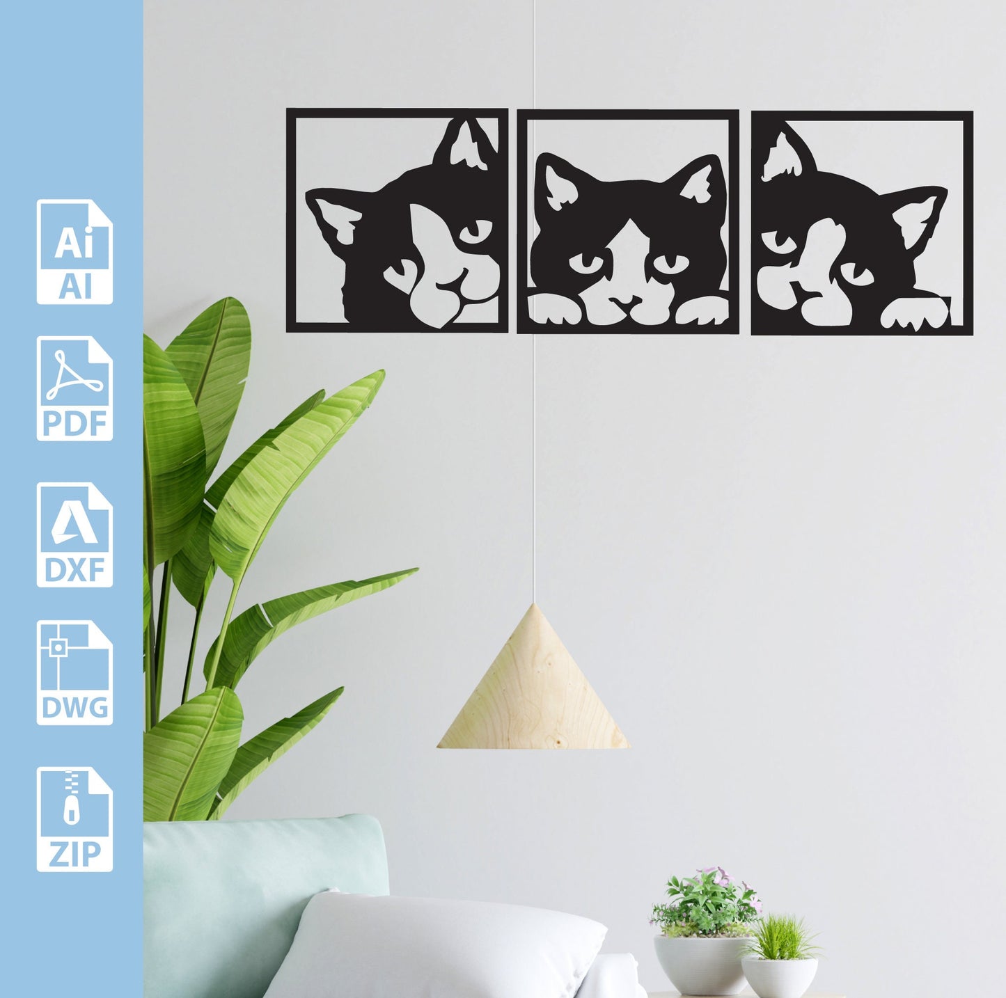 Decor Three Cats Wall Cats DXF file, Digital File Ai Pdf, DXF files for cnc, Laser Cut Files, Vector Cut drawing download