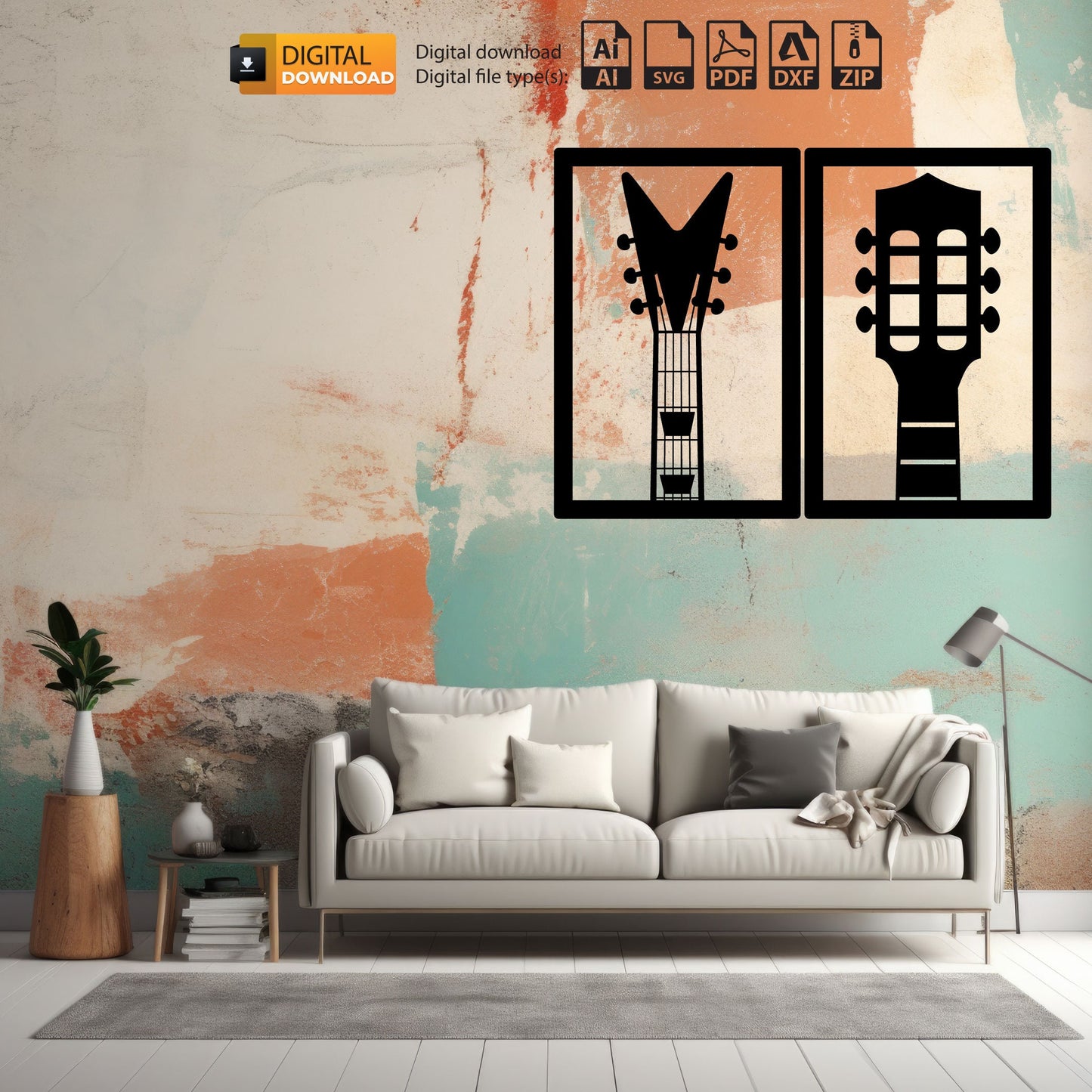 Guitar Set of 4 | Laser Cut Dxf Svg Files | Wall Sticker |Engraving Decal |Silhouette Template |CNC Cutting | Router Digital Vector Download
