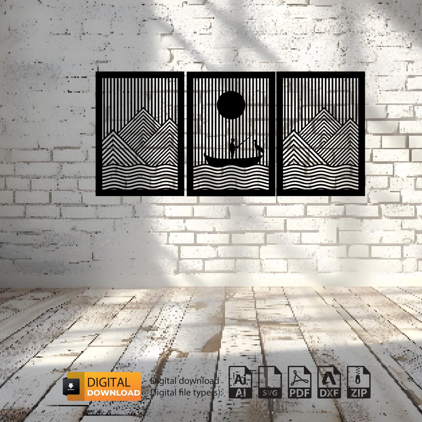 Fisherman and Sunrise Wall Art Design - DXF & SVG Files for Metal and Wood Cutting - Vector Digital Download