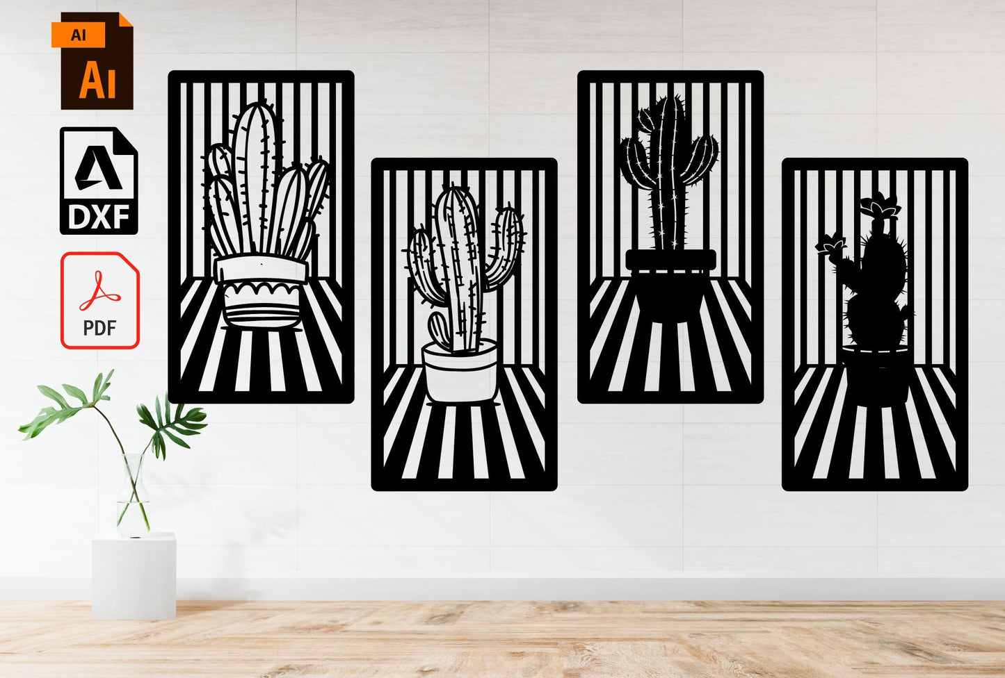Cactus Svg foursome Cactus 3D vase Dxf laser cut svg dxf files wall sticker engraving decal silhouette Wall Art Home Decor