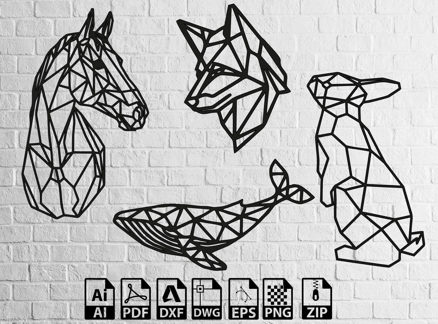 Wireframe Animal Svg Laser Cut Wall Art Decor Svg Whale Svg rabbit, horse, wolf, whale svg