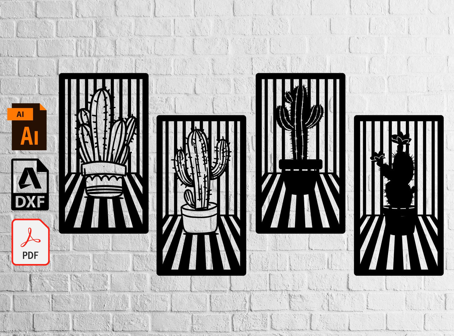 Cactus Svg foursome Cactus 3D vase Dxf laser cut svg dxf files wall sticker engraving decal silhouette Wall Art Home Decor