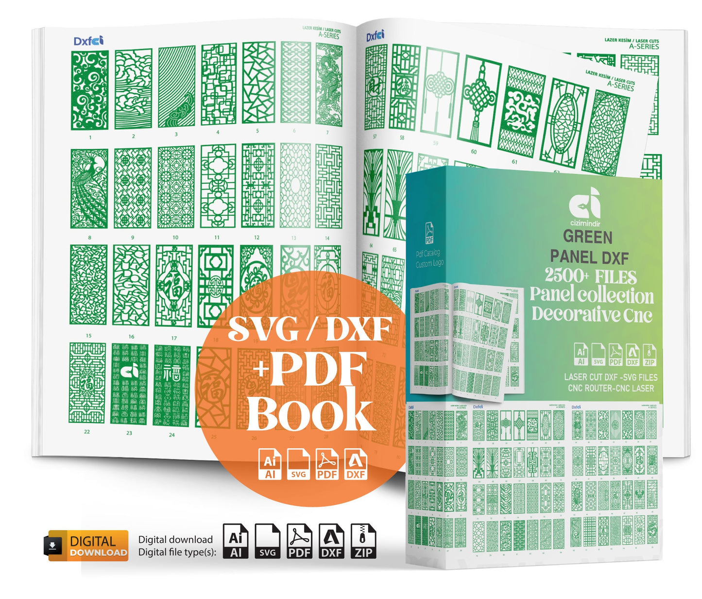 2500+ DXF Panel Files for Plasma Laser CNC -Green Pdf Catalog Ready-to-Cut Designs Dxf - Svg plasma cutting Metalic & Wood CNC machine!