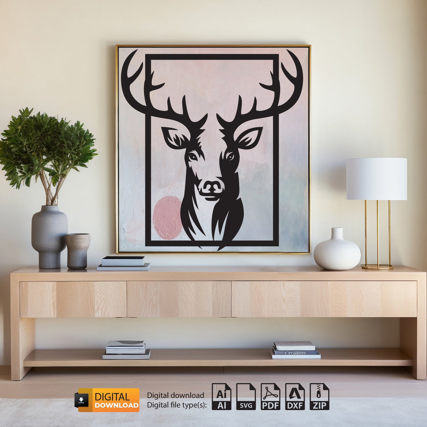 Deer Wall Decor SVG | Deer DXF Laser Cut File | Square Patterned Deer Decor | Laser DXF Cut