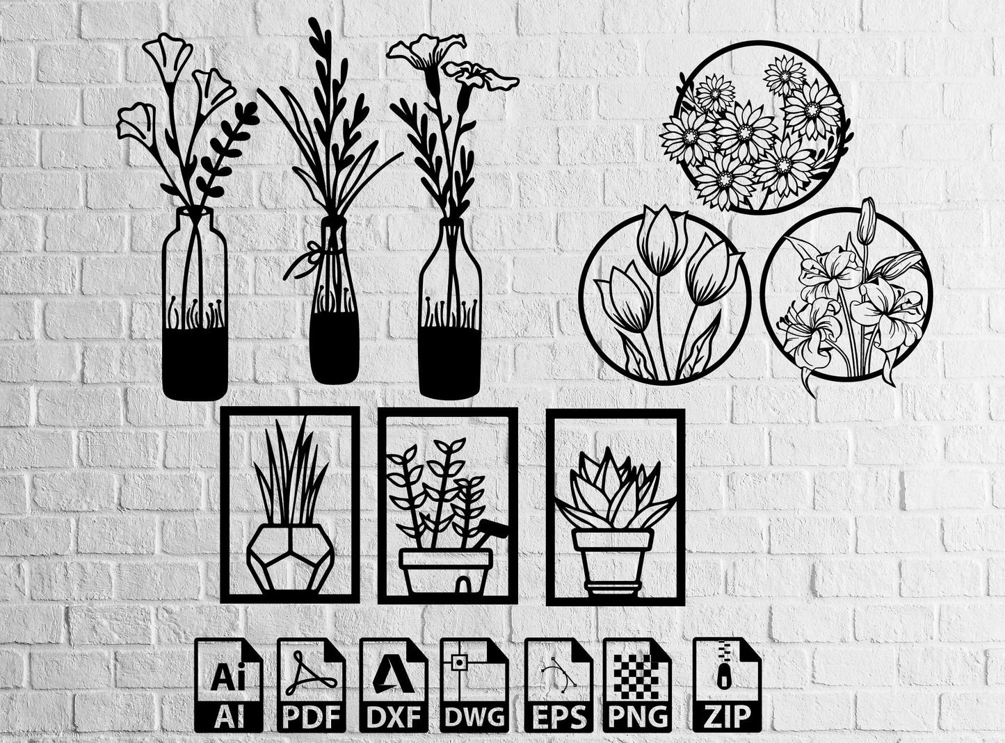 Floral Decor Svg Potted Flowers Bulb Floral Decor Wall Decor Metal Wood Cut openclipart , Lightburn ,Circut