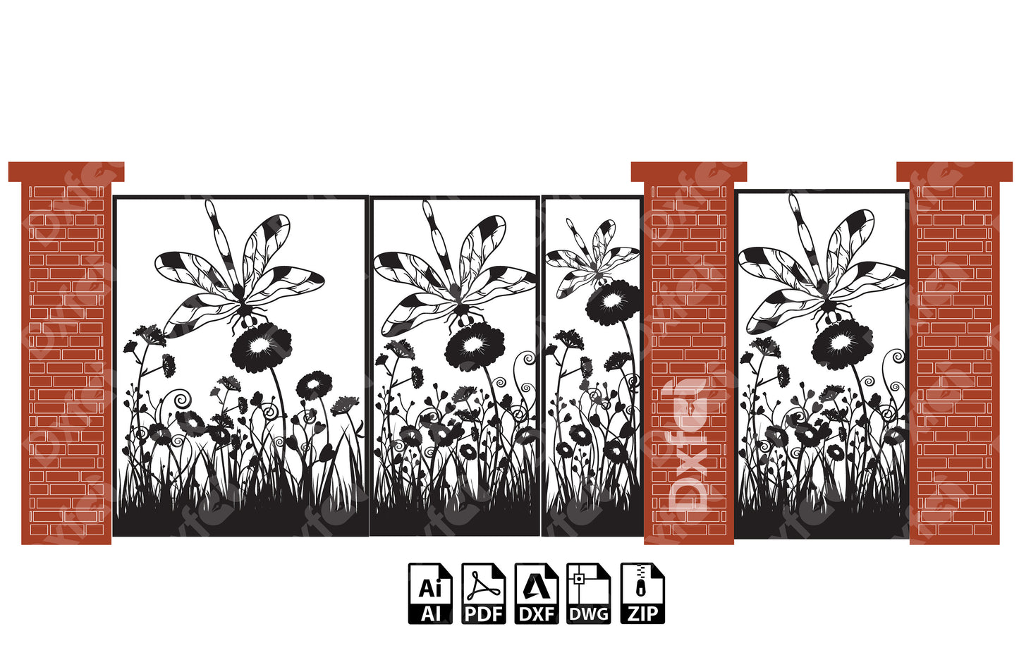 Dragonfly Panel Gate Dxf Iron Garden Gate,flowers and patterns Dxf files cnc plasma,cnc patterns ,Wall Stencil,Stencil Svg  Files #KAP053