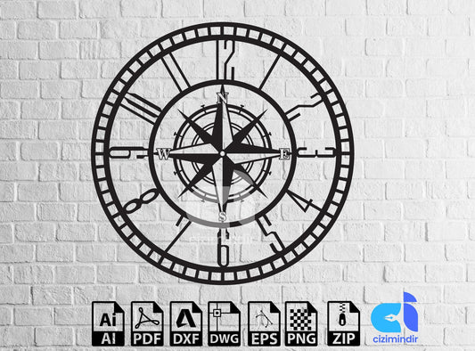 Compass Wall Clock Vector Drawing Compass Decor Clock Wall Clock Drawing Svg Dxf and Pdf ai vector digital download files openclipart
