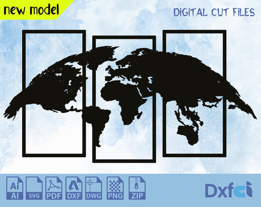 World Map Wall Art Svg Decor Laser Cut Dxf Glowforge Svg Ci CNC Router Cutting Vinyl Cut Sticker Metal Cut  Digital Files