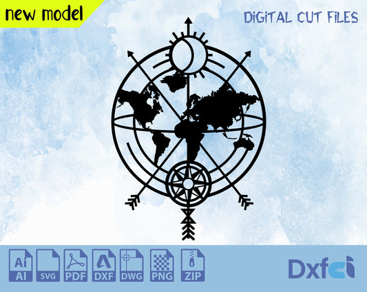 Compass World Map Svg Cut File, Map dxf files, Plasma Cut File, Wall Art Dxf, Laser Cut Files, Silhouettes dxf file, Map Wall Decor
