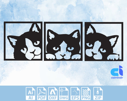 Decor Three Cats Wall Cats DXF file, Digital File Ai Pdf, DXF files for cnc, Laser Cut Files, Vector Cut drawing download