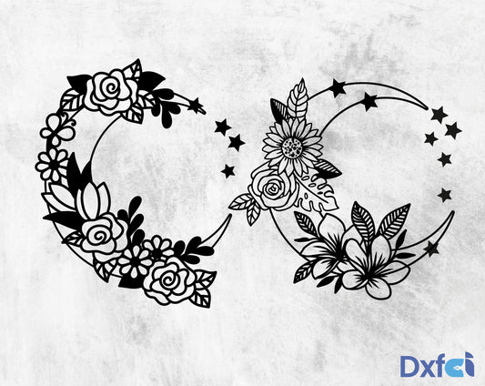 Flowers Moons Svg Design, Wildflowers Svg, Laser Cut Dxf Files Floral Moon Svg, Moonchild Svg,