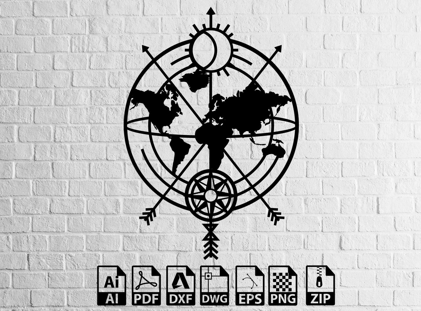 Compass World Map Svg Cut File, Map dxf files, Plasma Cut File, Wall Art Dxf, Laser Cut Files, Silhouettes dxf file, Map Wall Decor