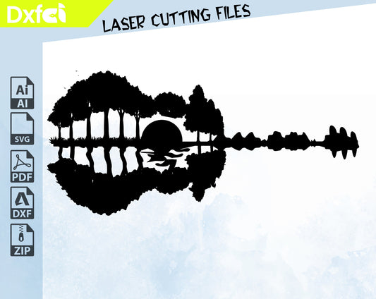 Guitar Sunset Tree svg dxf Forest Guitar Wall Art, Tree DXF Files, Sunset dxf, Guitar Decor, Laser Cut Files, Instant Download