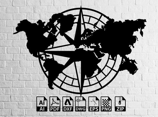 World Map Compass Design Decor Laser Cut, Svg, Dxf, CNC Cutting, CNC Router, Digital, Vector Files, Cdr, Pdf, Ai, Eps , Lightburn ,Circut