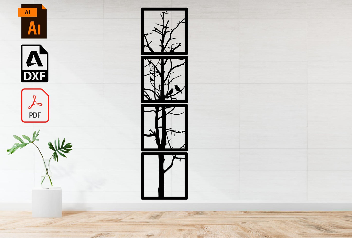 Drawing Birds and Trees Decor Ai Pdf Dxf  dxf files Instant Download Files for Laser Cutting CNC , Lightburn ,Circut