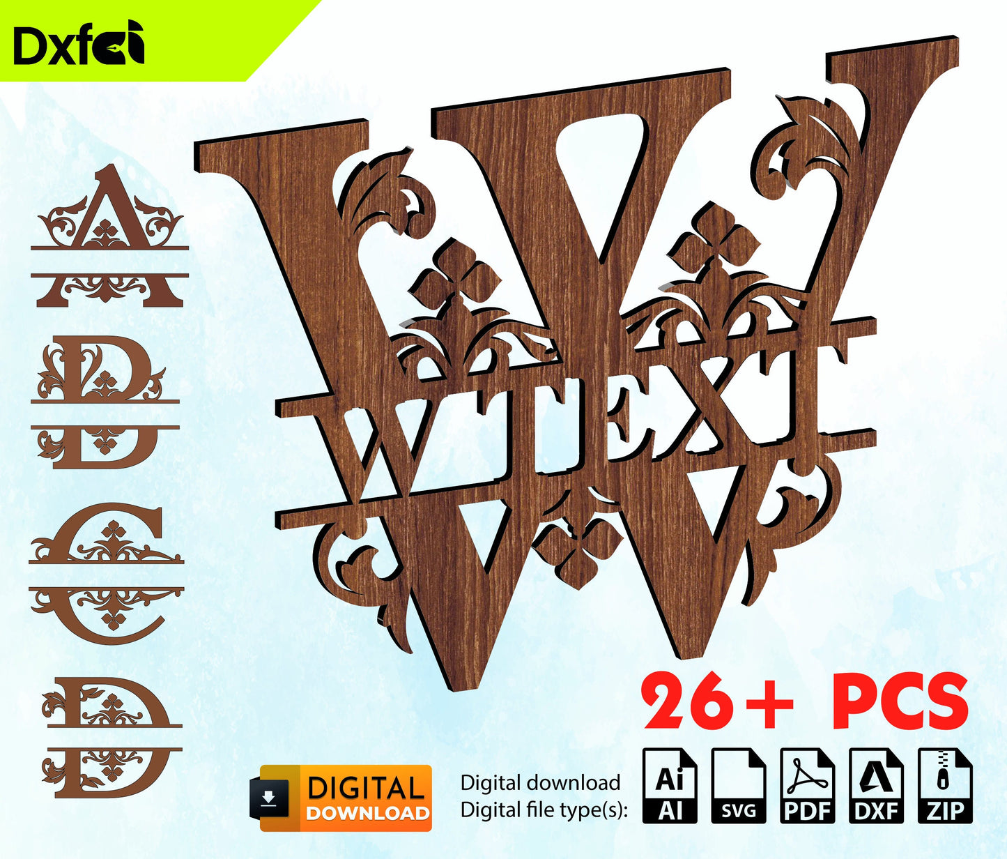 Custom Monogram Alphabet Font 26+ Letters Svg Cdr Dxf Files for Laser Cut Wall Art Decoration