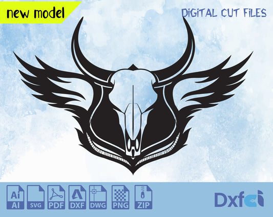 Wild West SVG Angel Skull DXF, skull svg, bull cut file for laser, dxf for plasma, cnc, wall decor, svg