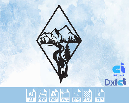 Waterfall Mountain Wall Design Decor Svg Dxf Laser Cut Plasma Metal Wood Cut and Print openclipart
