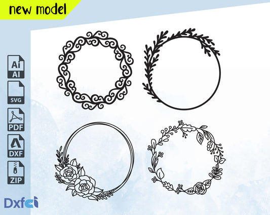 Floral Wreath Svg Dxf Files Laser Cut Flowers Bundle Floral Frame and Branches Svg  Wreath Svg | Floral Wreath Clipart Wreath Clipart