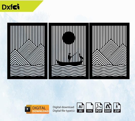 Fisherman and Sunrise Wall Art Design - DXF & SVG Files for Metal and Wood Cutting - Vector Digital Download