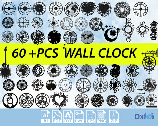 60+pcs Clocks  Models Bundle Clocks Svg Wall Clock Dxf, Watch Models Wall Decor Clocks DXF Files for Laser Cut File Pieces Svg Big Package