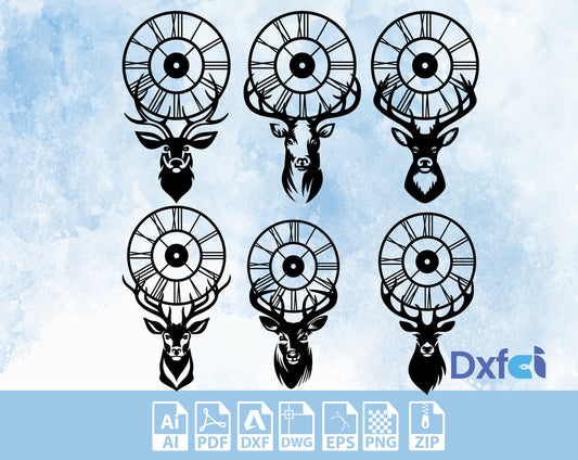 Deer Clocks Svg Dxf Files 6pcs Decor Deer Desing  Laser Cut, Svg,CNC Cutting, CNC Router, Digital, Vector Files, Lightburn ,Circut
