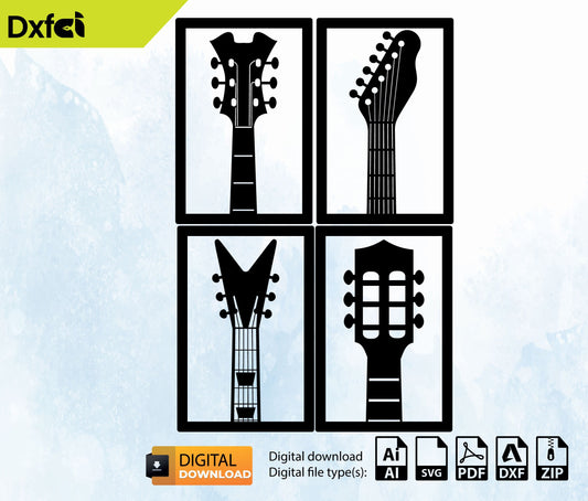 Guitar Set of 4 | Laser Cut Dxf Svg Files | Wall Sticker |Engraving Decal |Silhouette Template |CNC Cutting | Router Digital Vector Download