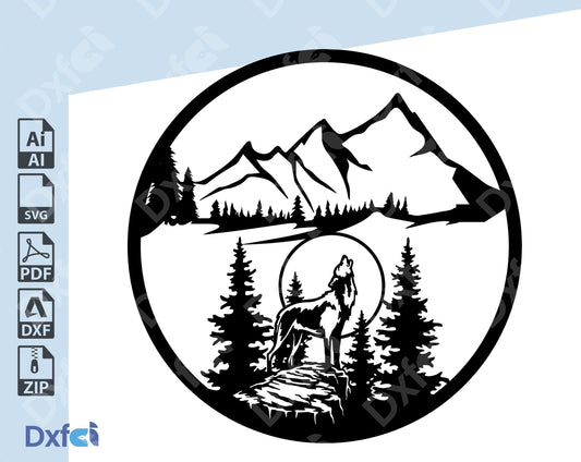 Wolf Mountain Svg Design  Sunset Decor  Laser Cut CNC Router, Digital, Vector Files