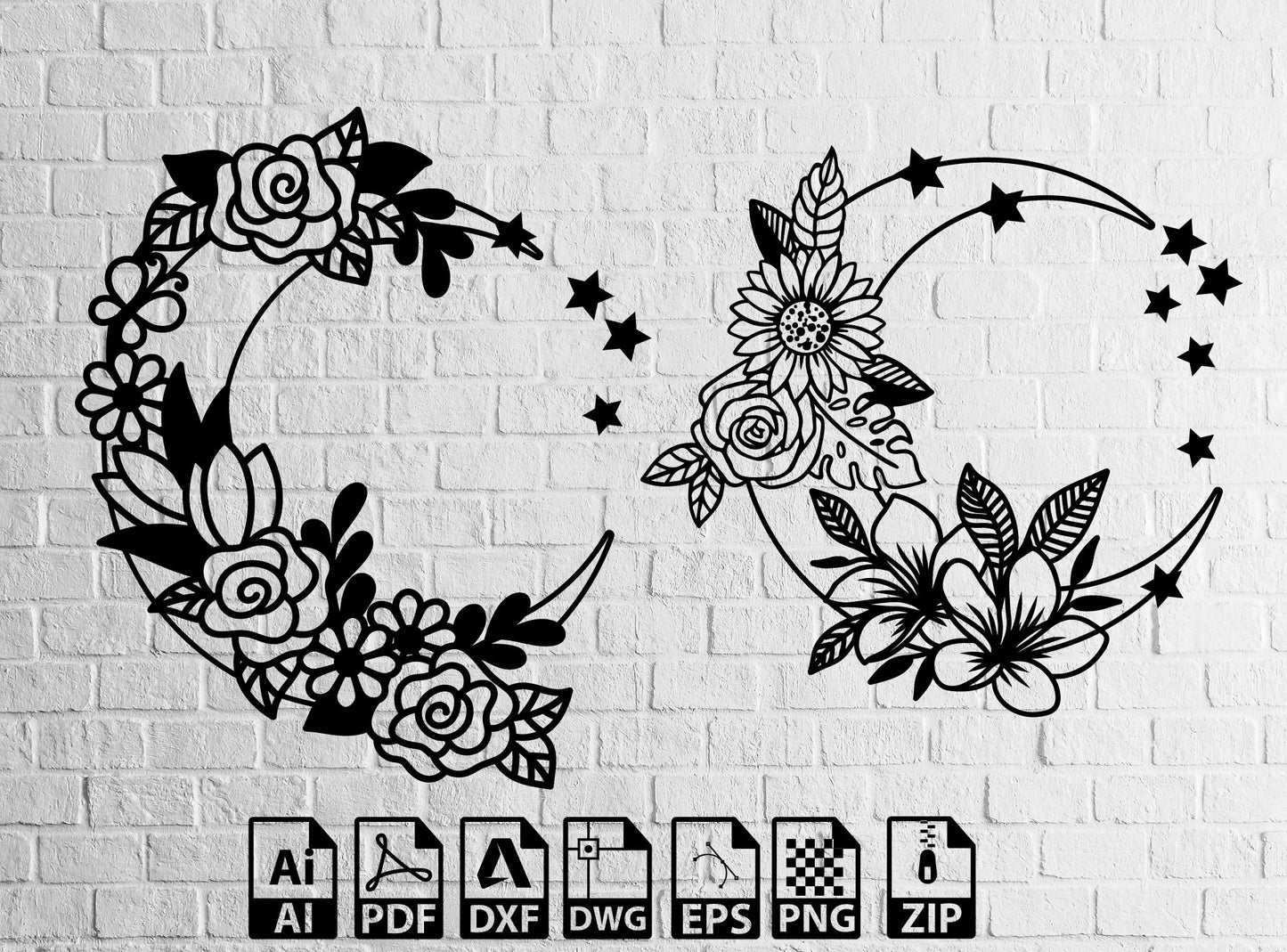 Flowers Moons Svg Design, Wildflowers Svg, Laser Cut Dxf Files Floral Moon Svg, Moonchild Svg,