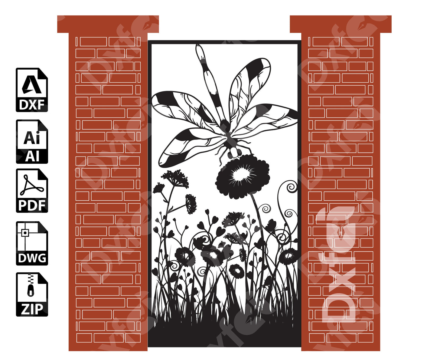 Dragonfly Panel Gate Dxf Iron Garden Gate,flowers and patterns Dxf files cnc plasma,cnc patterns ,Wall Stencil,Stencil Svg  Files #KAP053