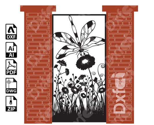 Dragonfly Panel Gate Dxf Iron Garden Gate,flowers and patterns Dxf files cnc plasma,cnc patterns ,Wall Stencil,Stencil Svg  Files #KAP053